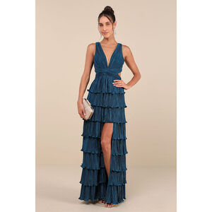 Lulus Beauty Icon Dark Teal Satin Pleated Tiered Lace-up Maxi Dress Blue